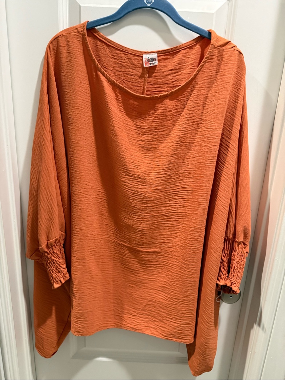 Relaxed Orange Scoop-Neck Tunic with Smocked Cuffs